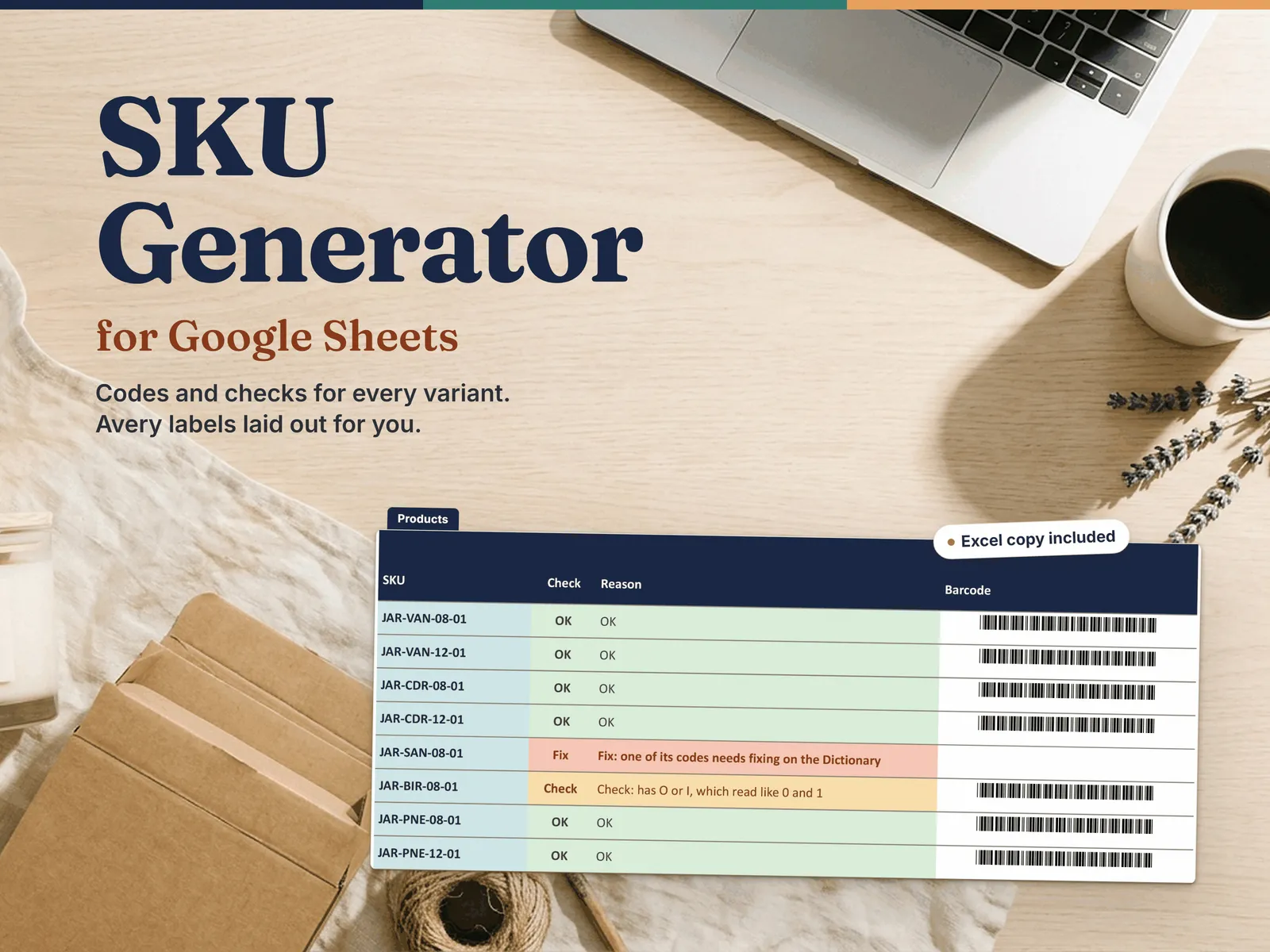 SKU Generator for Google Sheets, Excel copy included - the published Google Sheet's Products tab with its SKU, Check, Reason and Code 39 barcode columns: six SKUs marked OK, JAR-BIR-08-01 marked Check, and JAR-SAN-08-01 marked Fix with no barcode, on a bright oak workbench beside a laptop, a candle jar and kraft mailers