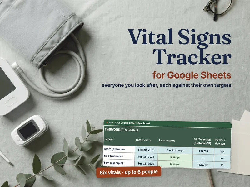 Vital Signs Tracker for Google Sheets - the Dashboard from the published Sheet with three example people's latest status and 7-day averages, beside a blood pressure cuff, oximeter and thermometer