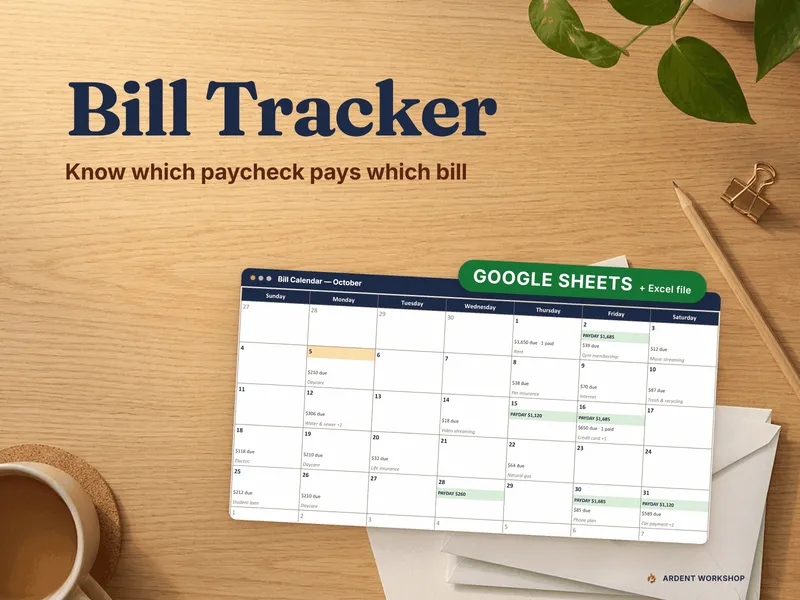 Bill Tracker for Google Sheets - the live Sheet's October bill calendar with every bill due and each payday marked, on an oak desk beside a stack of envelopes