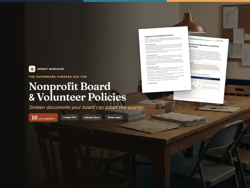 Nonprofit Board & Volunteer Policy Template Pack — 16 fillable governance documents on a small nonprofit's board table