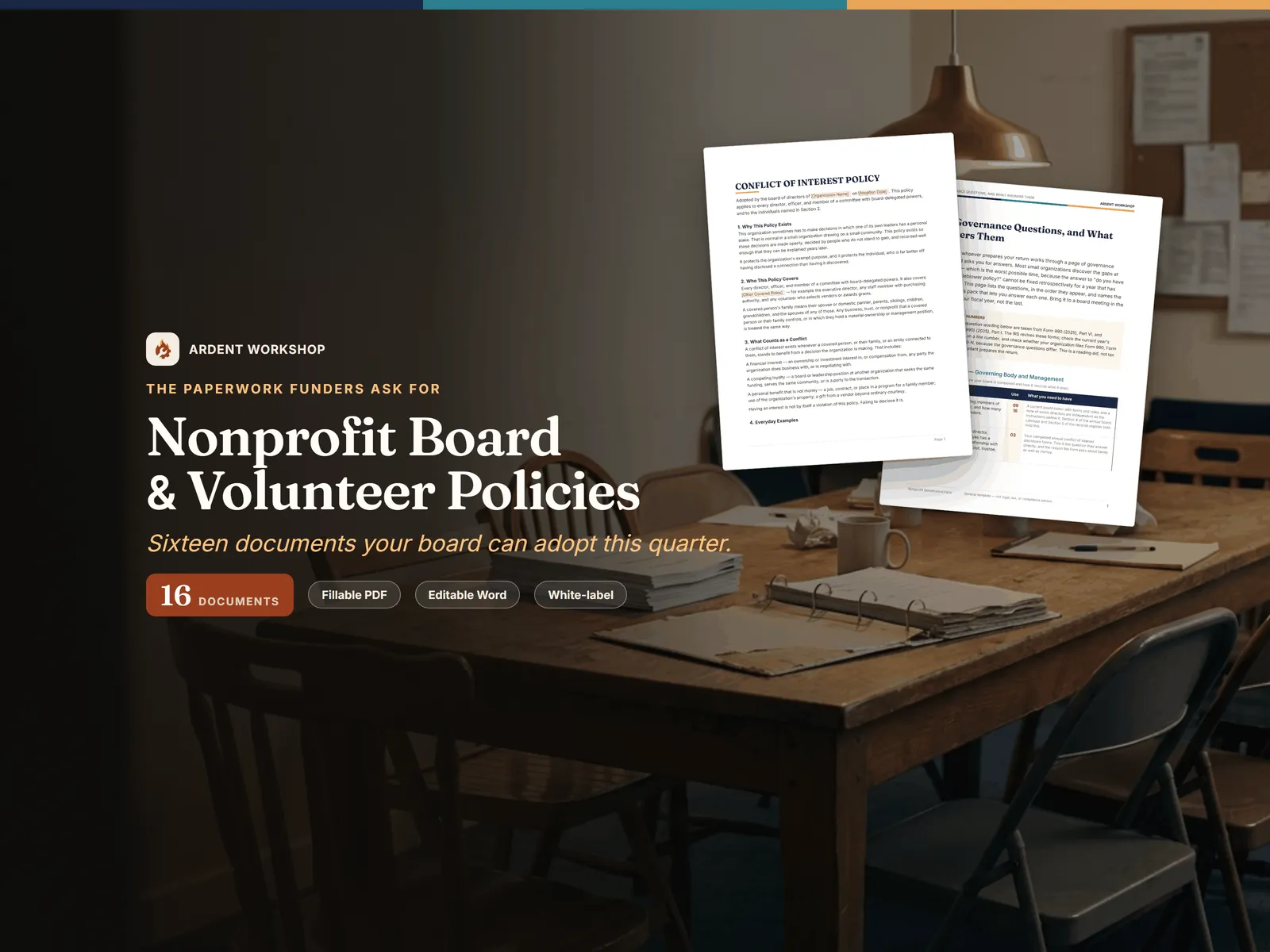 Nonprofit Board & Volunteer Policy Template Pack — 16 fillable governance documents on a small nonprofit's board table