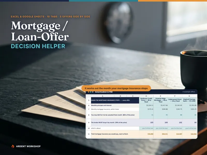 Mortgage / Loan-Offer Decision Helper on a slate counter beside four loan documents, showing when each offer's mortgage insurance stops