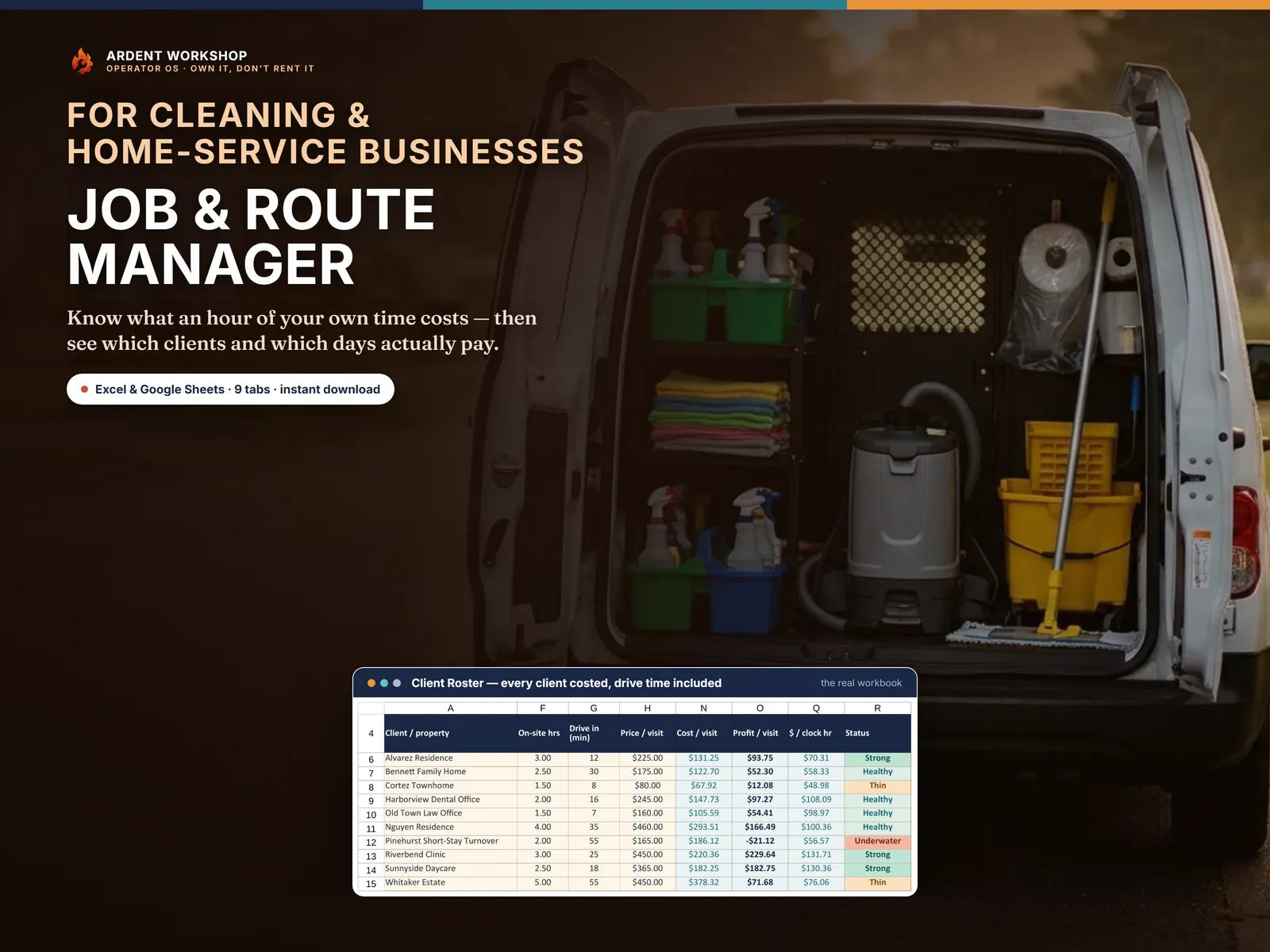 Cleaning & Service-Business Job & Route Manager for Excel and Google Sheets, shown over a service van at dawn with the client roster tab costing every client