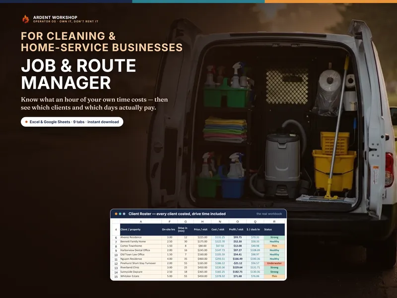Cleaning & Service-Business Job & Route Manager for Excel and Google Sheets, shown over a service van at dawn with the client roster tab costing every client