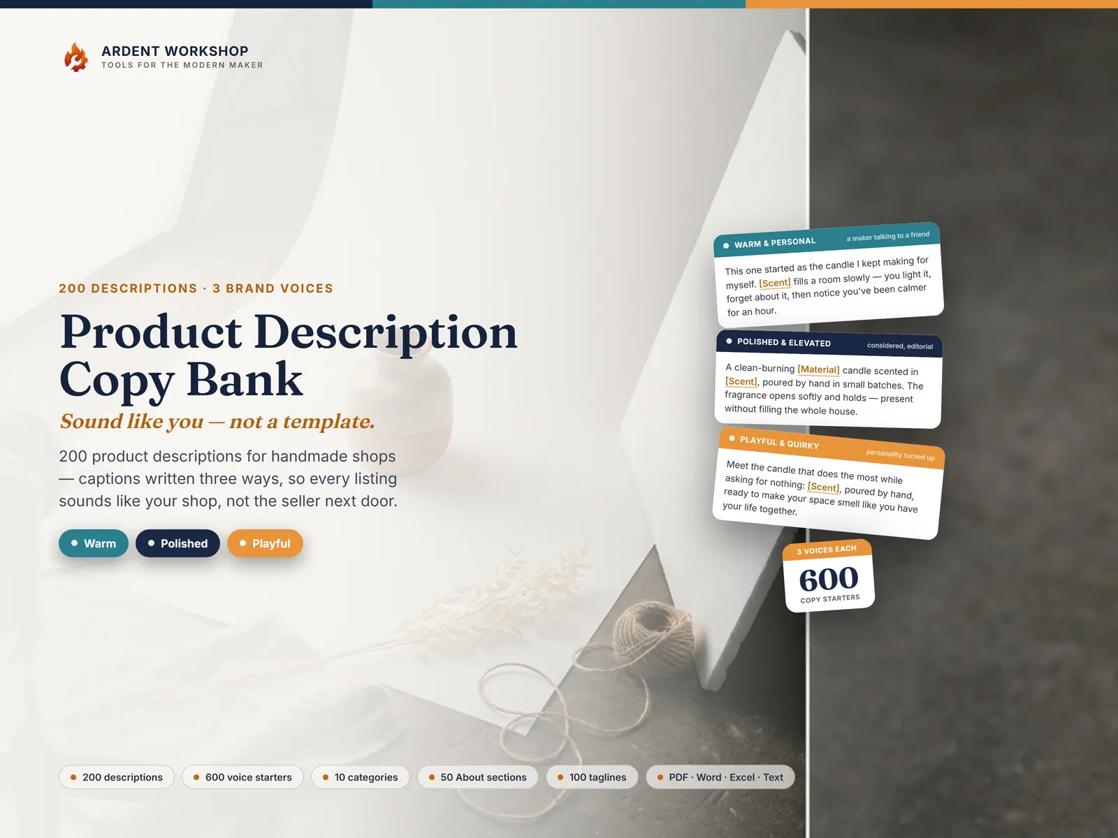 Maker's Product Description & Brand Voice Copy Bank — Sound like you, not a template: 200 descriptions in 3 voices