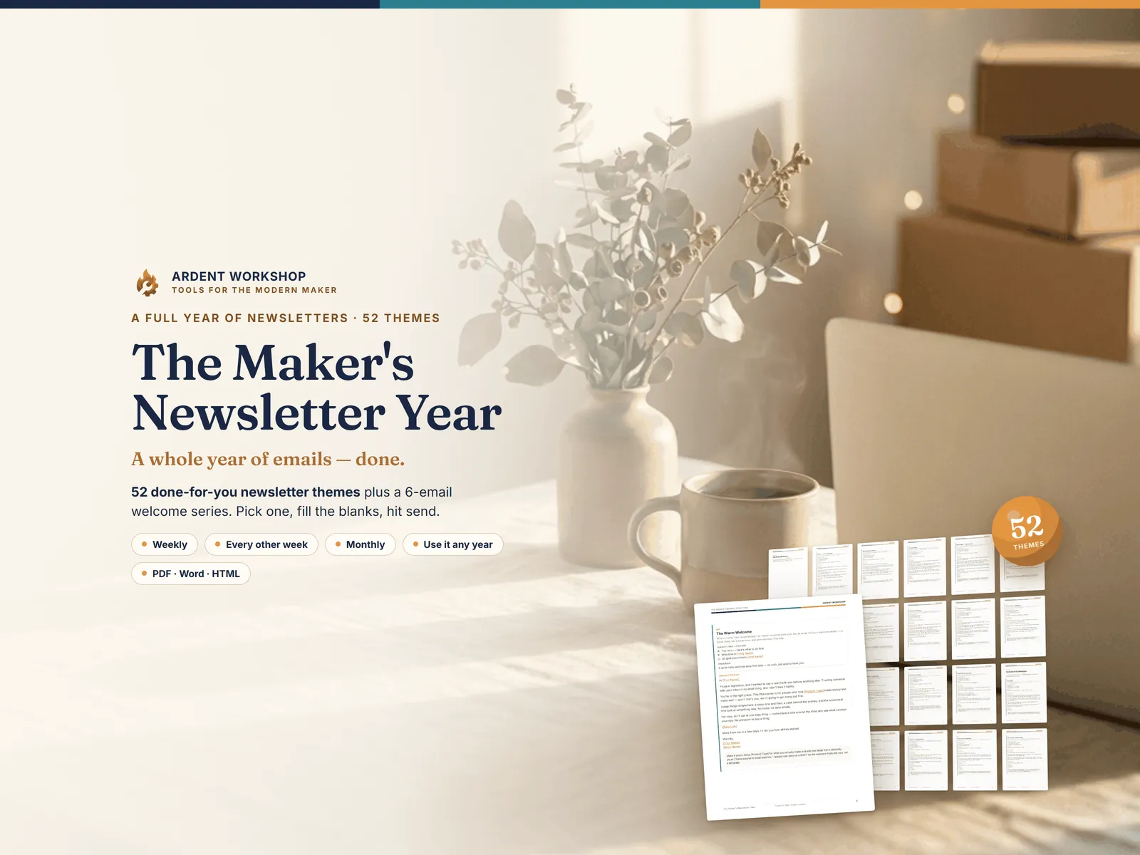 Maker's Newsletter Year — a whole year of emails, done: 52 themes + a 6-email welcome series