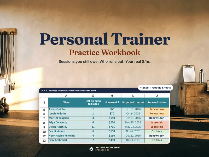 Personal Trainer Practice Workbook for Excel and Google Sheets — the Balances & Liability tab with sessions left, unearned dollars, run-out date and renewal status