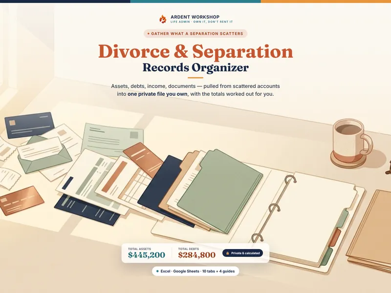 Divorce & Separation Records Organizer — assets, debts, income, and documents in one private file for Excel and Google Sheets