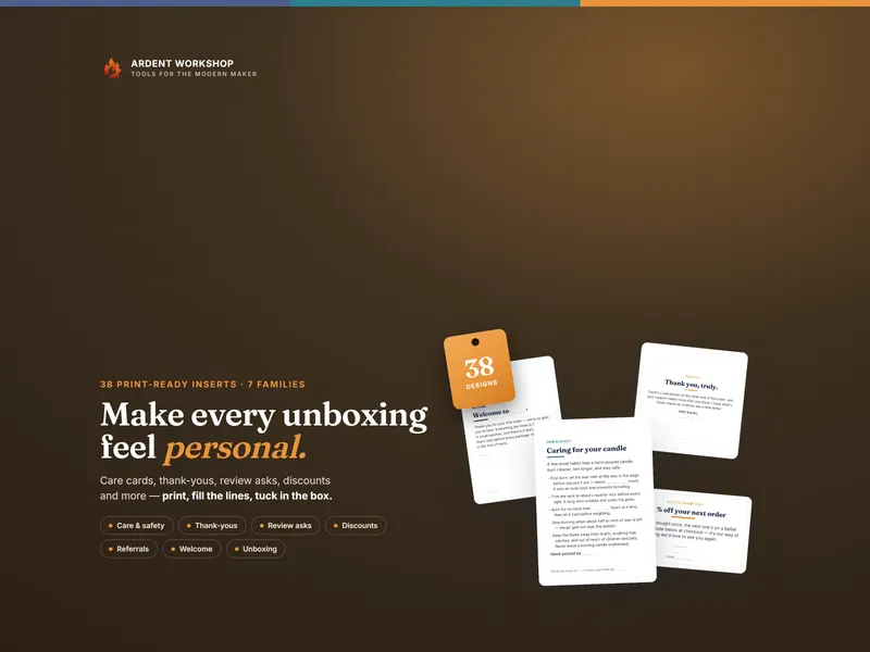 Maker's Care Cards & Packaging Inserts Pack — 38 print-ready inserts