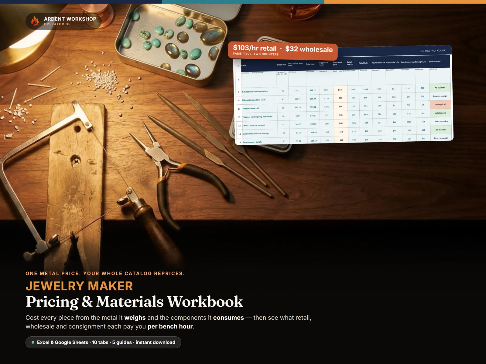 Jewelry pricing and materials workbook shown on a metalsmith's bench, with the Price Ladder tab costing every piece by metal weight