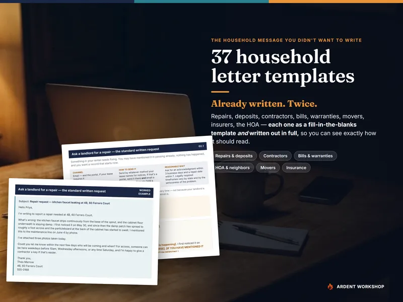 Home and Household Scripts and Letters Swipe Bank — finished message cards fanned across a lamplit kitchen table at night, beside an opened envelope