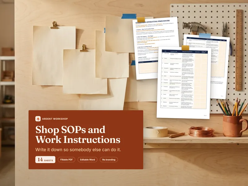 Shop SOP & Work-Instruction Template Pack — real procedure sheets clipped and taped to a small workshop's plywood and pegboard wall