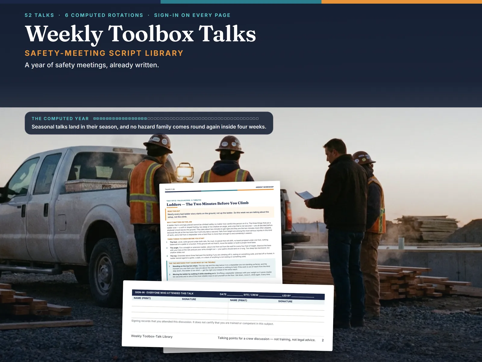 Weekly Toolbox-Talk & Safety-Meeting Script Library — a printed toolbox talk page with its sign-in slip, in front of a crew gathered at a pickup at first light