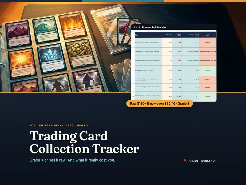 The Trading Card & Sports Card Tracker's Grade or Sell Raw tab, open over a card binder, on an example $180 raw comp against an $80.46 break-even