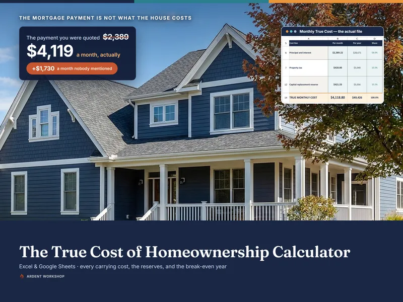 True Cost of Homeownership Calculator — the quoted $2,389 mortgage payment beside the $4,119 a month owning the same home actually costs