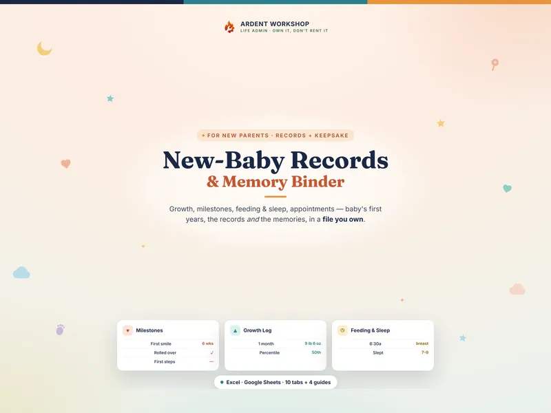 New-Baby & New-Parent Records Binder — track growth, milestones, feeding, and sleep for baby's first years in Excel and Google Sheets