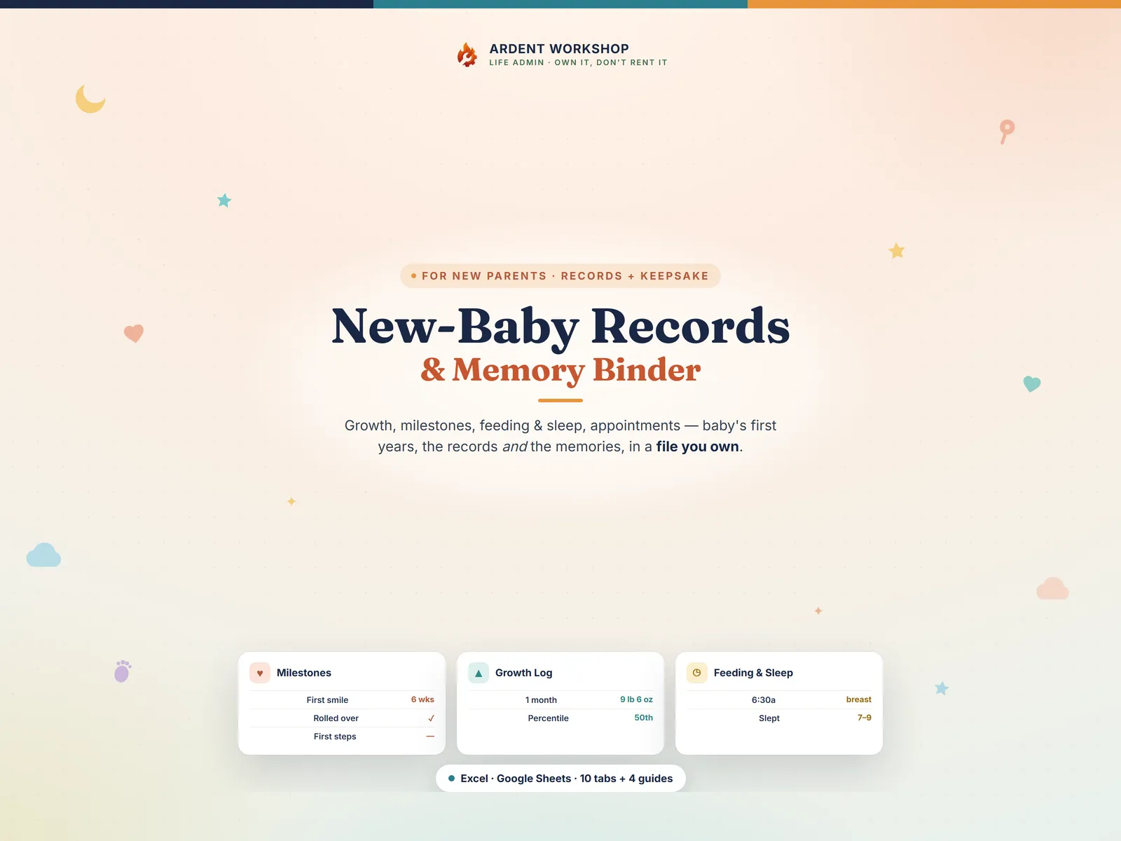 New-Baby & New-Parent Records Binder — track growth, milestones, feeding, and sleep for baby's first years in Excel and Google Sheets