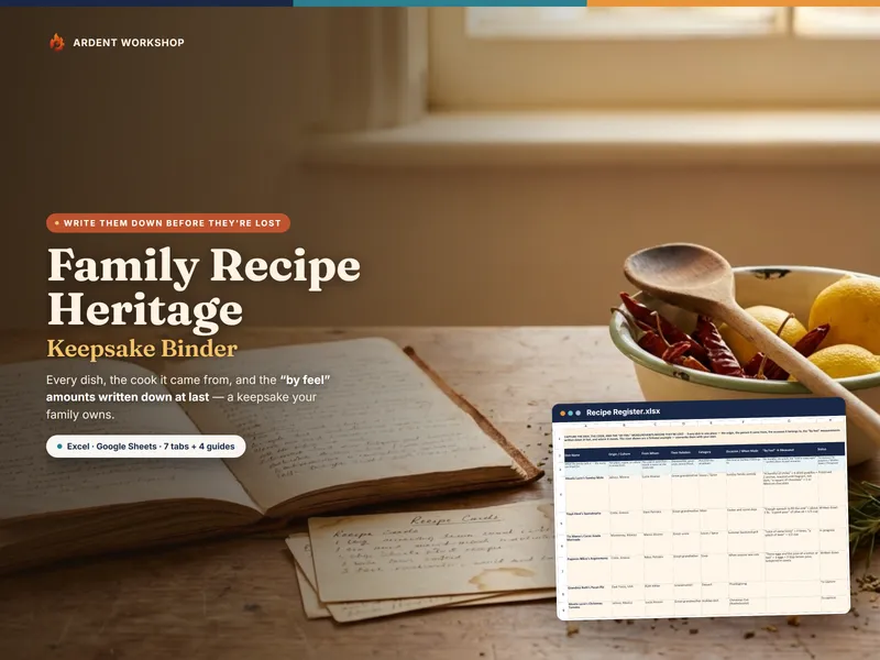 Family Recipe Heritage Keepsake Binder — preserve handed-down recipes, their origins, and the by feel amounts, for Excel, Google Sheets, and LibreOffice