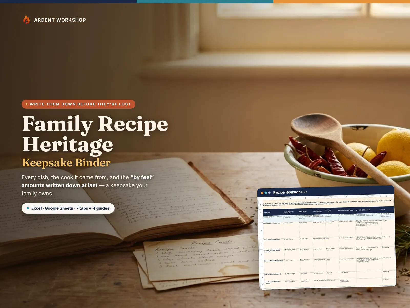 Family Recipe Heritage Keepsake Binder — preserve handed-down recipes, their origins, and the by feel amounts, for Excel, Google Sheets, and LibreOffice