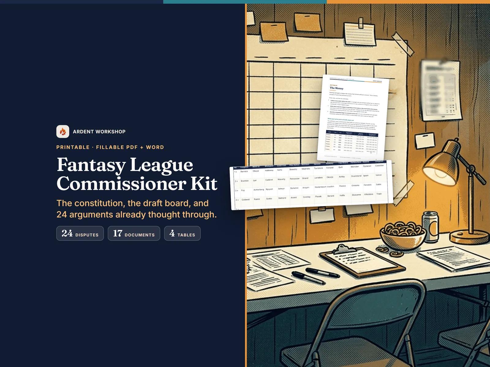 Fantasy League Commissioner Kit — a printable draft board and a computed payout table on a draft-night table