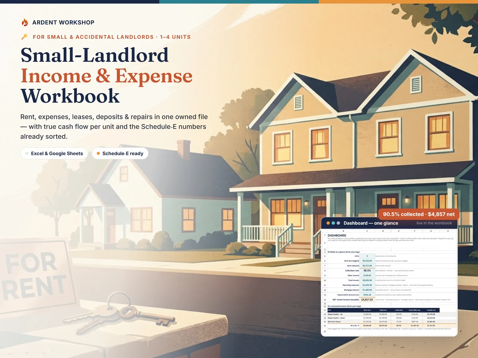 Small-Landlord Income & Expense Workbook — track rent, expenses, leases, and Schedule-E for 1-4 rental units in Excel and Google Sheets