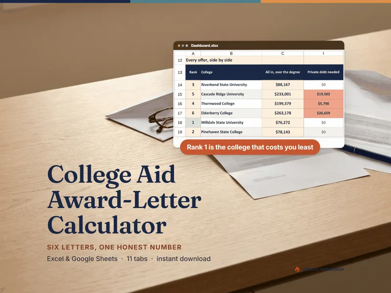 Dashboard ranking six sample colleges by what the degree costs all in and the private debt each plan forces — rank 1 is the college that costs you least