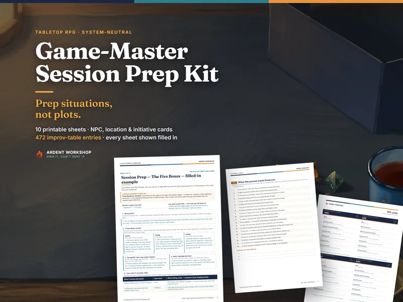 Tabletop RPG Game-Master Session Prep and Campaign Kit — the printed session prep sheet, NPC cards and improv tables laid out on a dark gaming mat with dice