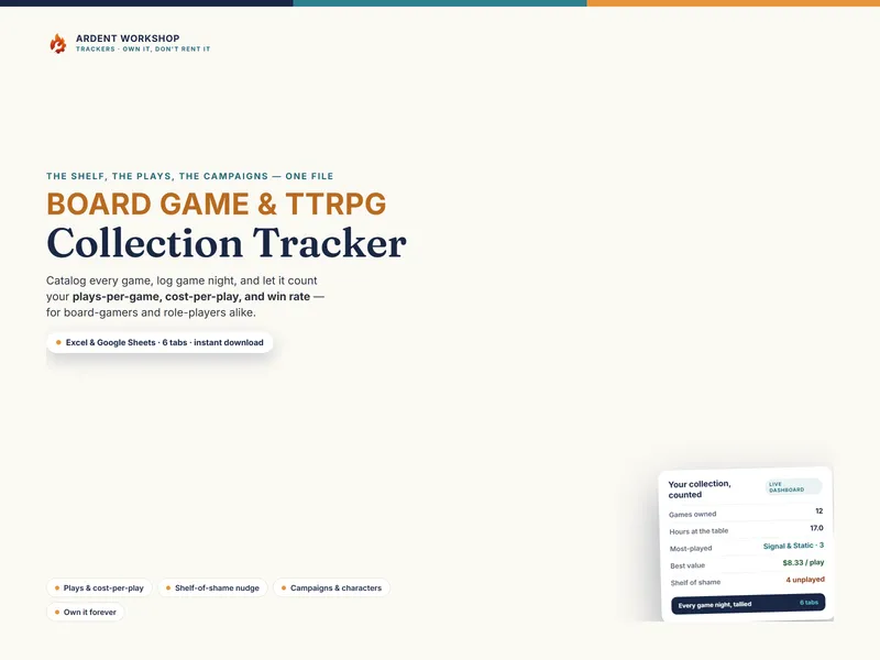 Board Game & TTRPG Collection Tracker — catalog your shelf, log plays, and count cost-per-play and win rate