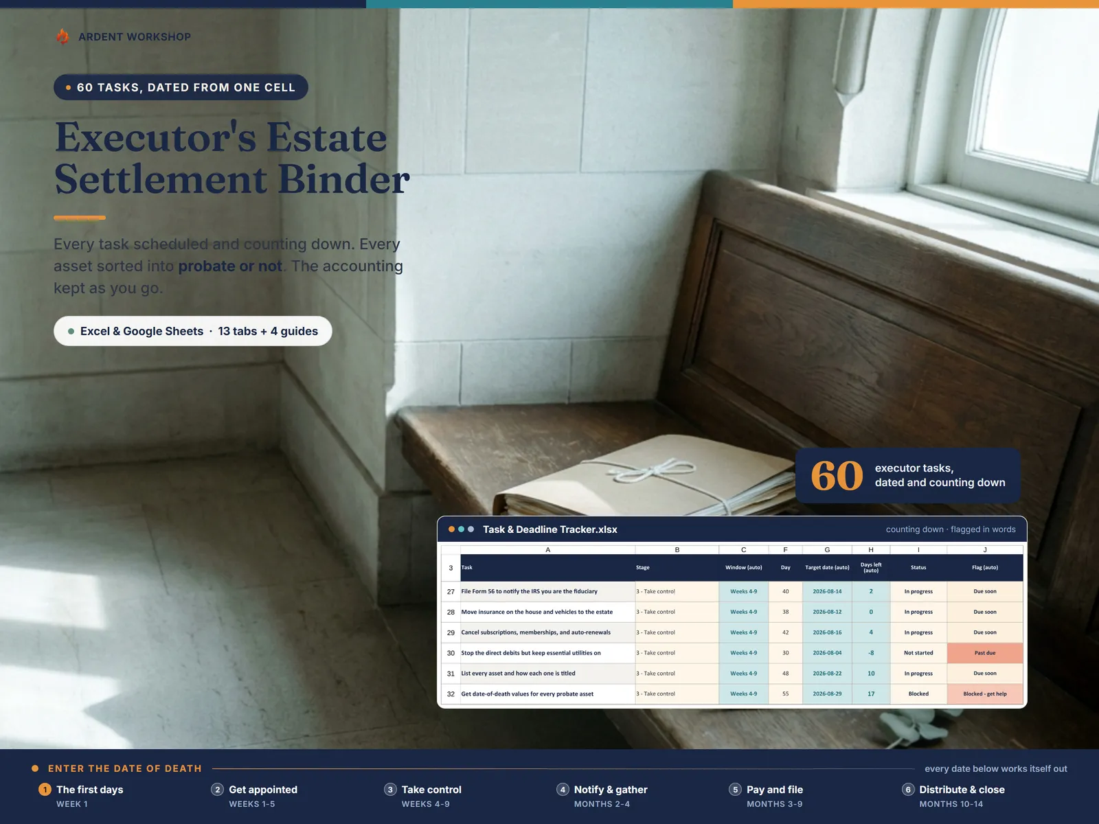 Executor's Estate Settlement Records & Task Binder — the task tracker counting down from the date of death, above a six-stage rail
