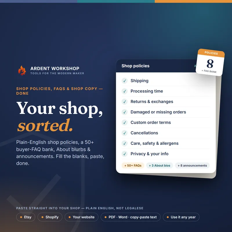 Maker's Shop Policies & FAQ Pack — 8 ready-to-customize shop policies