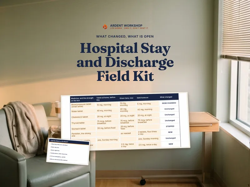 Hospital Stay & Discharge Field Kit — the medication reconciliation sheet and a cut-out wallet card laid on a tray table in a quiet hospital room