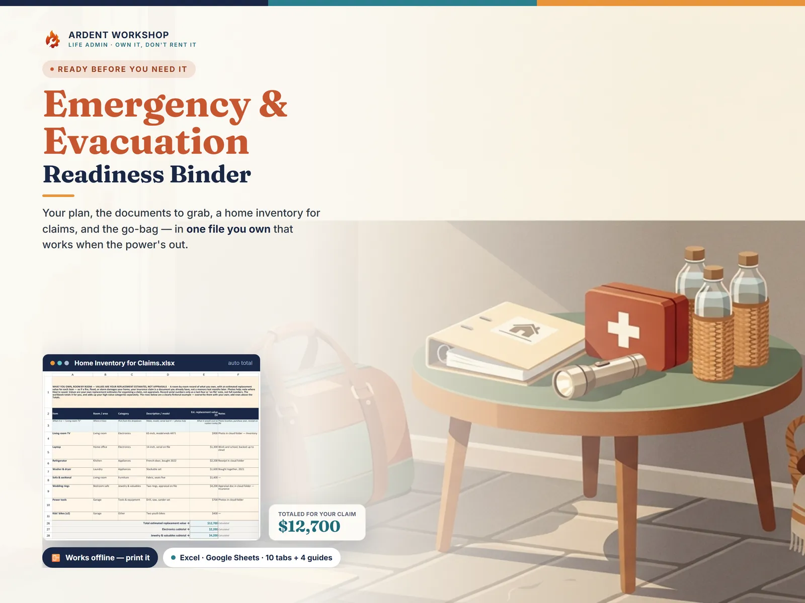 Emergency & Evacuation Readiness Binder — your plan, documents to grab, home inventory, and go-bag in one file you own for Excel and Google Sheets