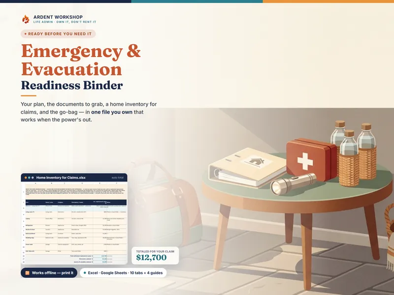 Emergency & Evacuation Readiness Binder — your plan, documents to grab, home inventory, and go-bag in one file you own for Excel and Google Sheets