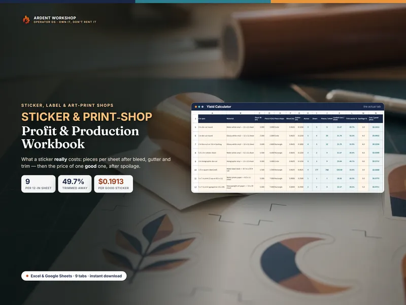 Sticker & Print-Shop Profit & Production Workbook — a peeled die-cut sticker on a cutting mat beside the Yield Calculator tab showing 9 pieces per sheet, 49.7% of the sheet never becoming product, and $0.1913 per good sticker, for Excel & Google Sheets