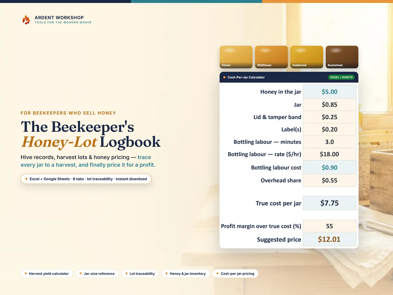 Hero: the workbook's own Cost-Per-Jar Calculator on screen, badged Excel + Google Sheets — honey, jar, lid, label, bottling time and overhead adding up to a true cost per jar of $7.75 and a suggested price of $12.01, beside honey-color swatches of the floral sources