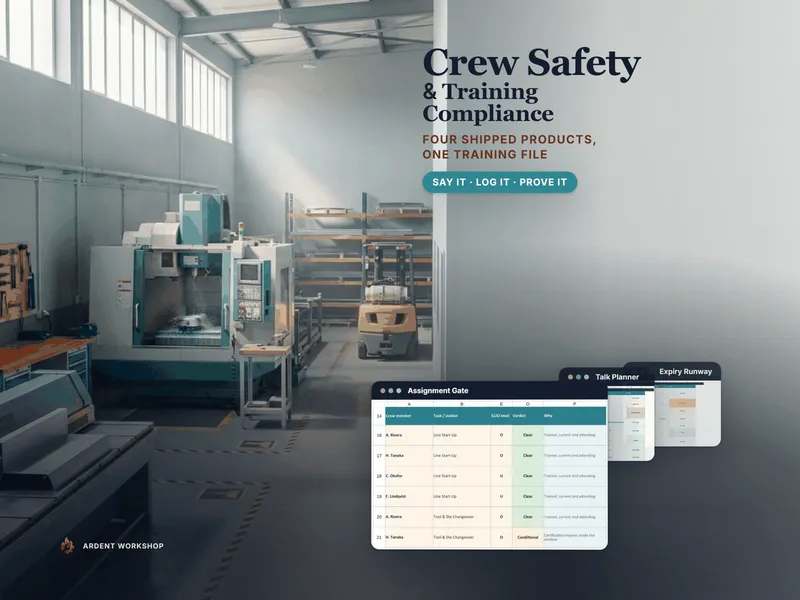 Crew Safety & Training-Compliance Kit — the Assignment Gate, Expiry Runway and Talk Planner tabs over a shop-floor training scene