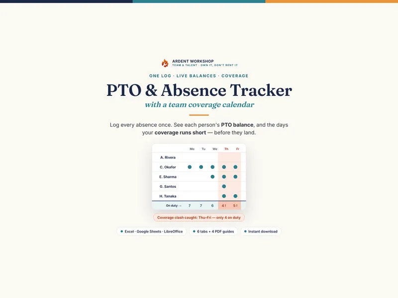 PTO / Absence & Coverage Tracker — log leave once, see each person's PTO balance, and a team calendar that flags coverage clashes in Excel & Google Sheets