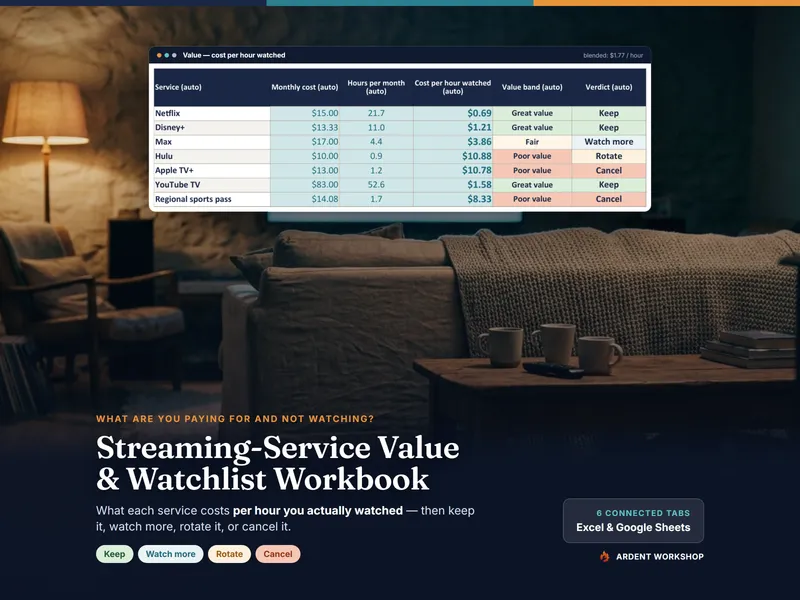 Streaming-Service Value & Watchlist Workbook — cost per hour watched for every service, with a keep, rotate or cancel verdict
