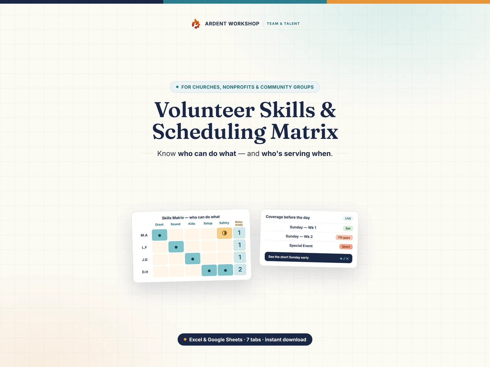 Volunteer Skills & Scheduling Matrix — know who can do what and who's serving when, in Excel & Google Sheets