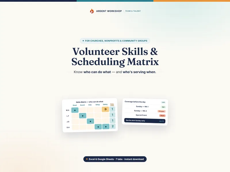 Volunteer Skills & Scheduling Matrix — know who can do what and who's serving when, in Excel & Google Sheets