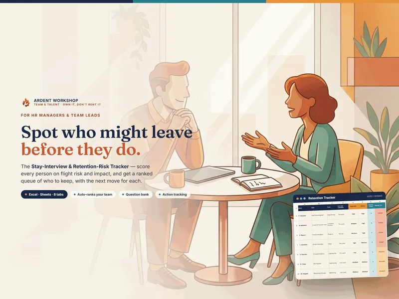 Stay-Interview & Retention-Risk Tracker — a manager in a stay interview, with each person auto-ranked into a retention priority from Critical to Stable
