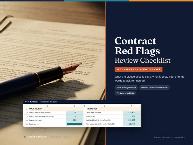 Contract & Deposit Red-Flags Review Checklist — a contract page with flagged clauses beside the workbook dashboard showing 93% review coverage and $9,300 lost if canceled today