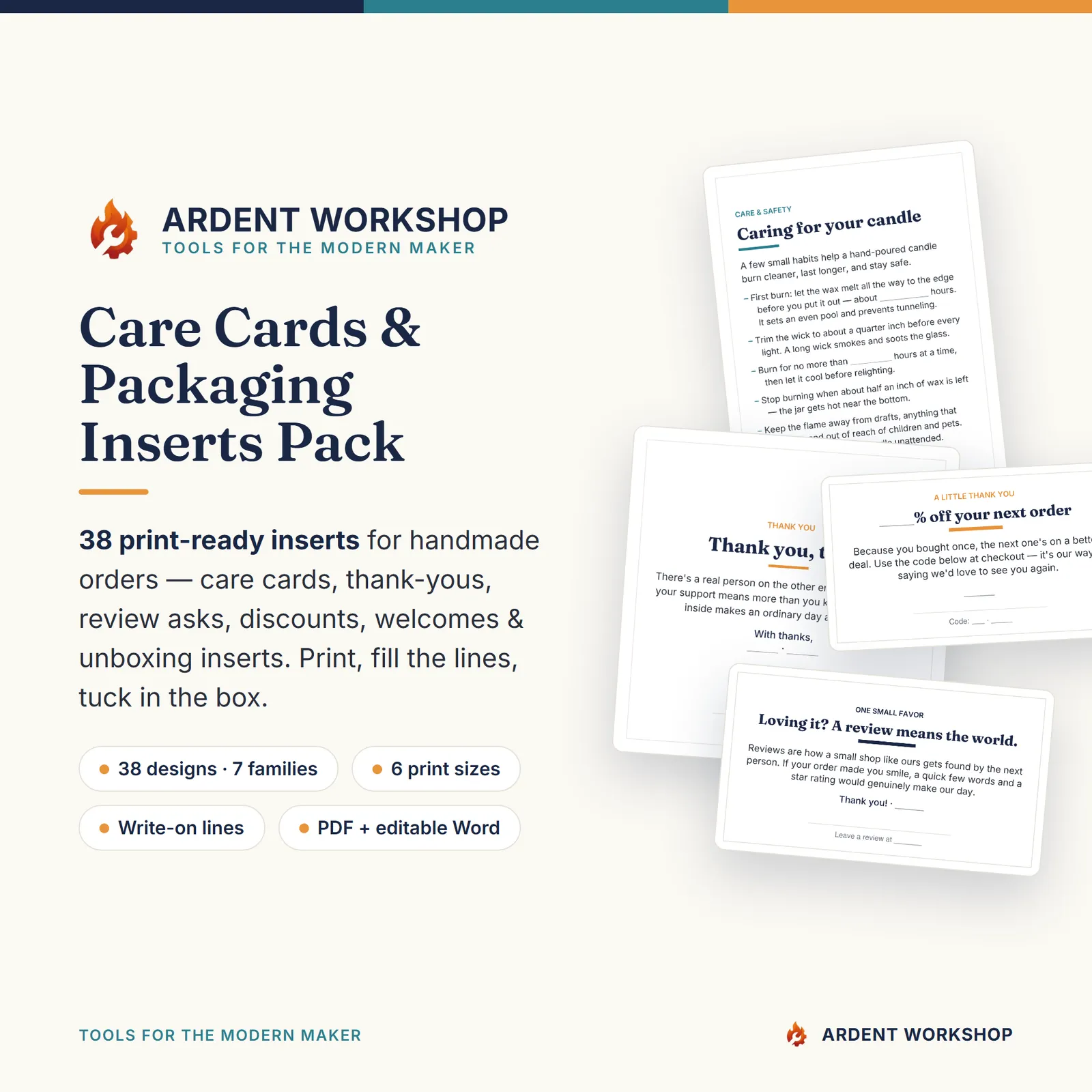 Maker's Care Cards & Packaging Inserts Pack — 38 print-ready inserts