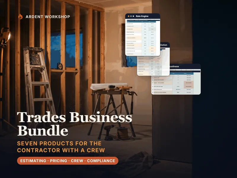 Trades & Service-Business Bundle — the Rate Engine, Job Reconciliation and Crew Readiness tabs stacked over a framed-out job site at dusk