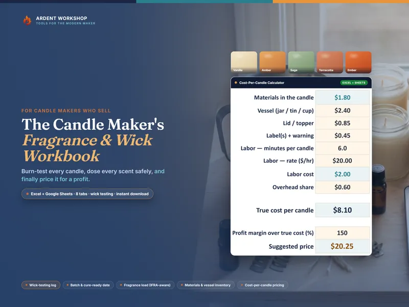 The Candle Maker's Fragrance & Wick Workbook — a real screenshot of its Cost-Per-Candle Calculator, badged EXCEL + SHEETS, on a candlelit navy field beside warm scent-tone wax swatches