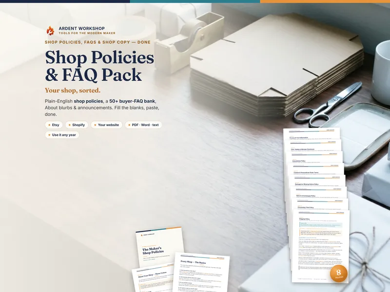 Maker's Shop Policies & FAQ Pack — editable shop policies, a 50+ FAQ bank, About blurbs & announcements