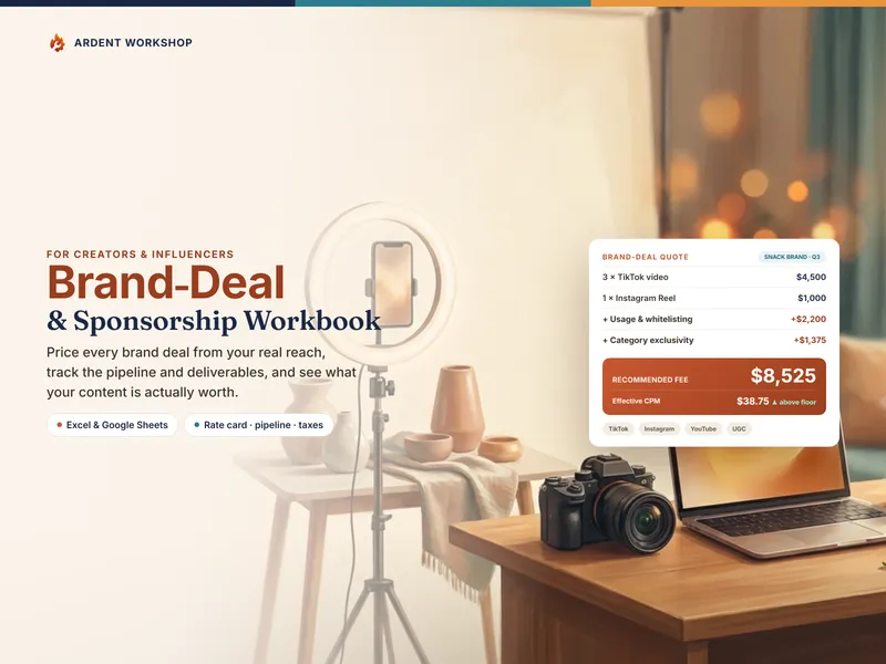 Creator Brand-Deal Workbook — a brand-deal quote priced to an $8,525 fee at a $38.75 effective CPM