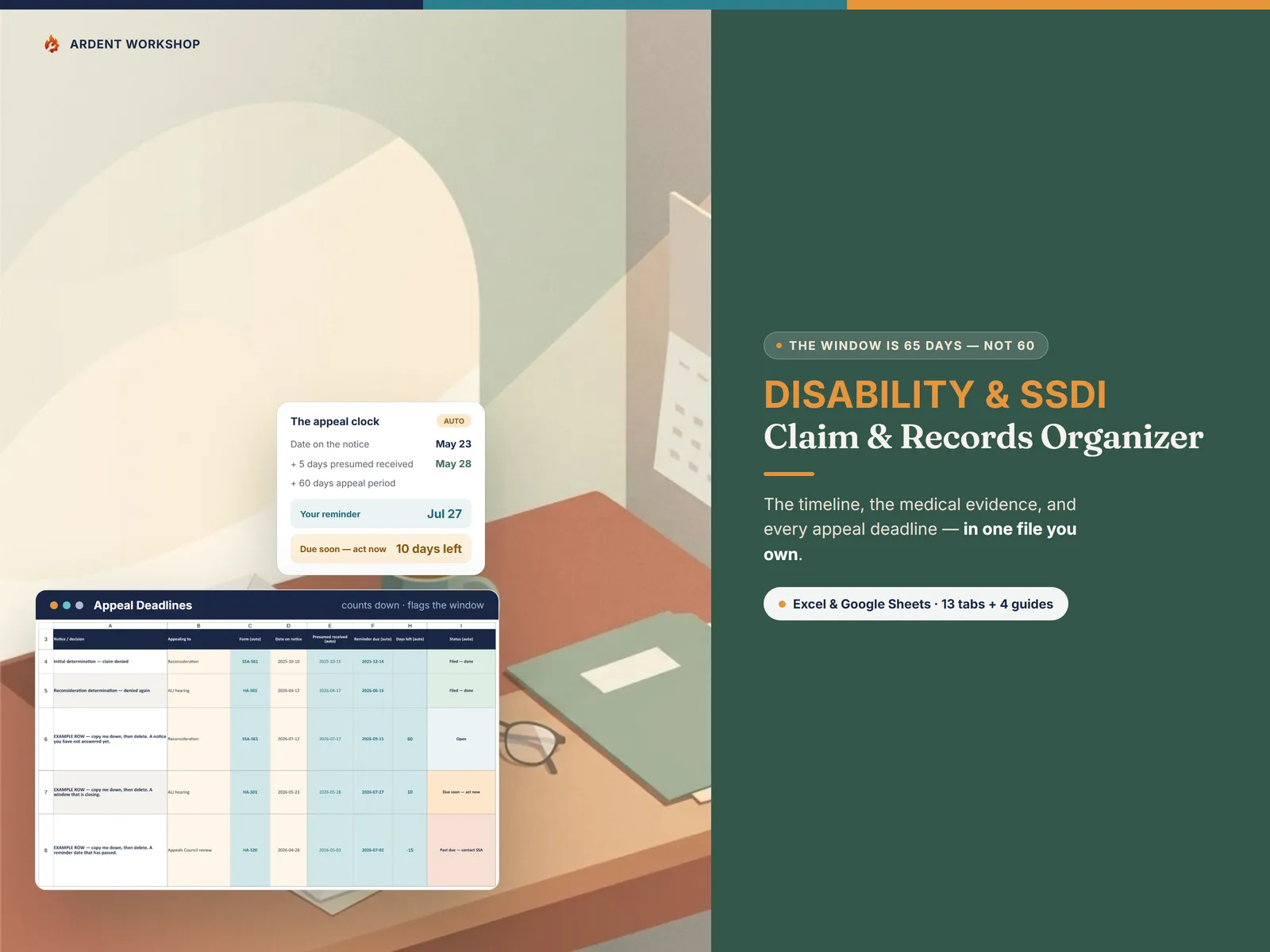 Disability & SSDI Claim & Records Organizer — the appeal clock counting down from the date on a decision notice