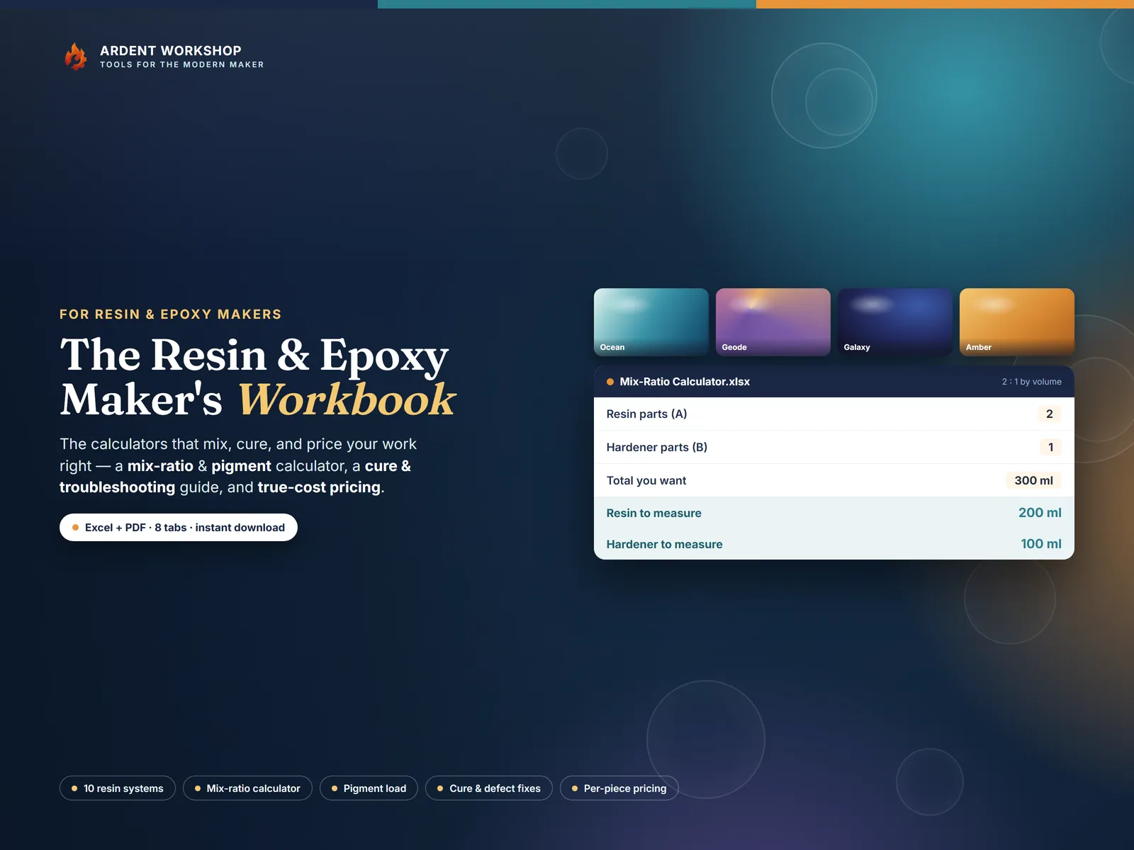 The Resin & Epoxy Maker's Workbook — mix-ratio & pigment calculators, a cure log, inventory & pricing