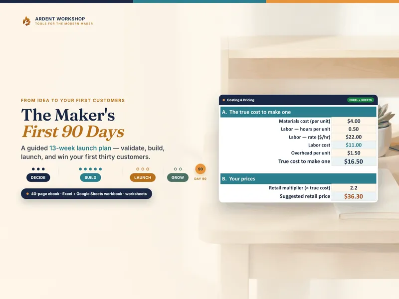 A bright warm field with a 13-week journey track marked Decide, Build, Launch, and Grow, climbing toward Day 90, under the title The Maker's First 90 Days